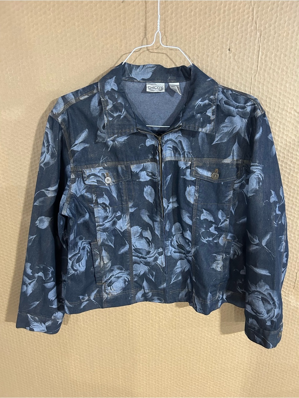 Chico's Navy Floral-Print Zip Jacket